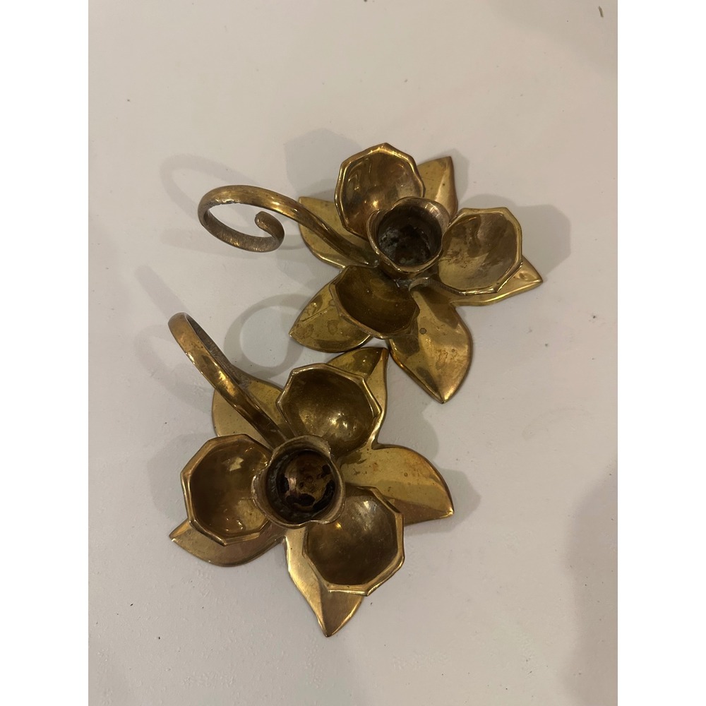 Vintage Brass Lily Flower Candle Holder Pair with Finger Loop Handle Gold